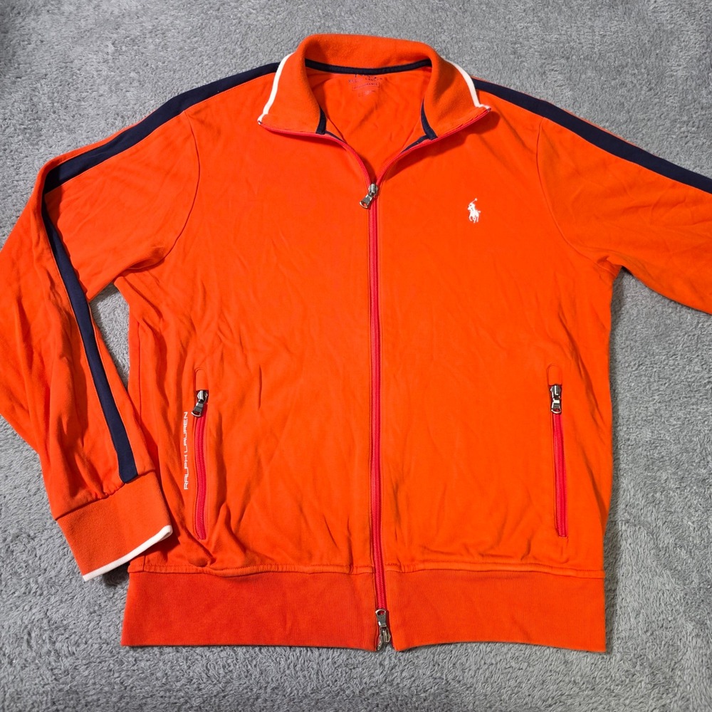 Polo Ralph Lauren Mens L Track Jacket Orange Performance Cotton Full Zip Stripe
